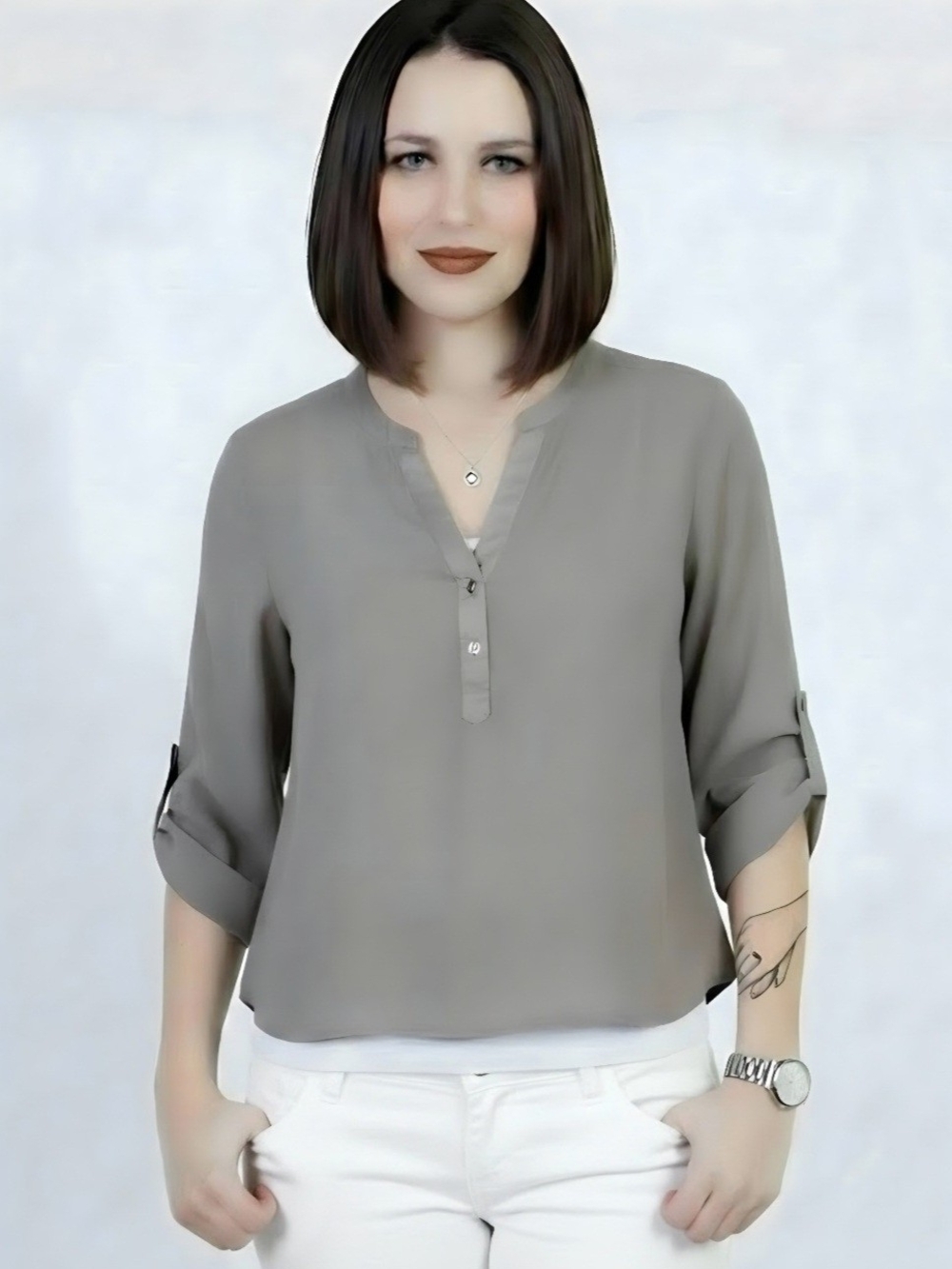 Chico's Size XL Taupe Roll-Tab Henley Blouse